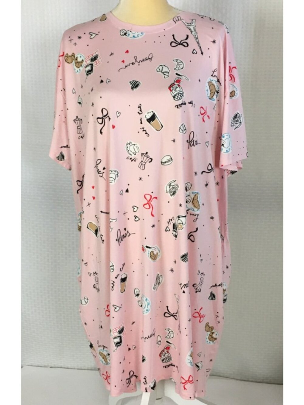 Joyspun Sleep Shirt Size 2X to 3X Pink Paris Coffee Croissants Pockets New w Tag